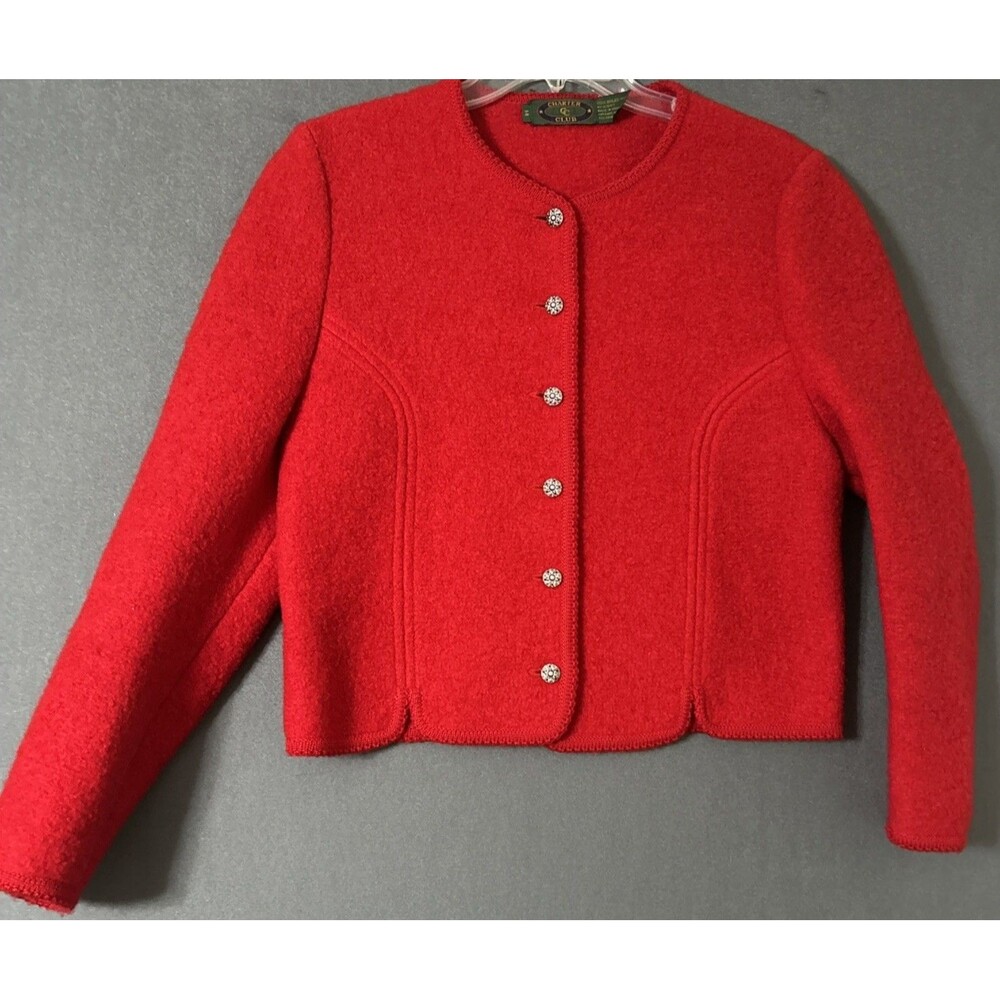 Vintage Charter Club Red Boiled Wool Jacket Cropped Ornate Buttons Sz 14
